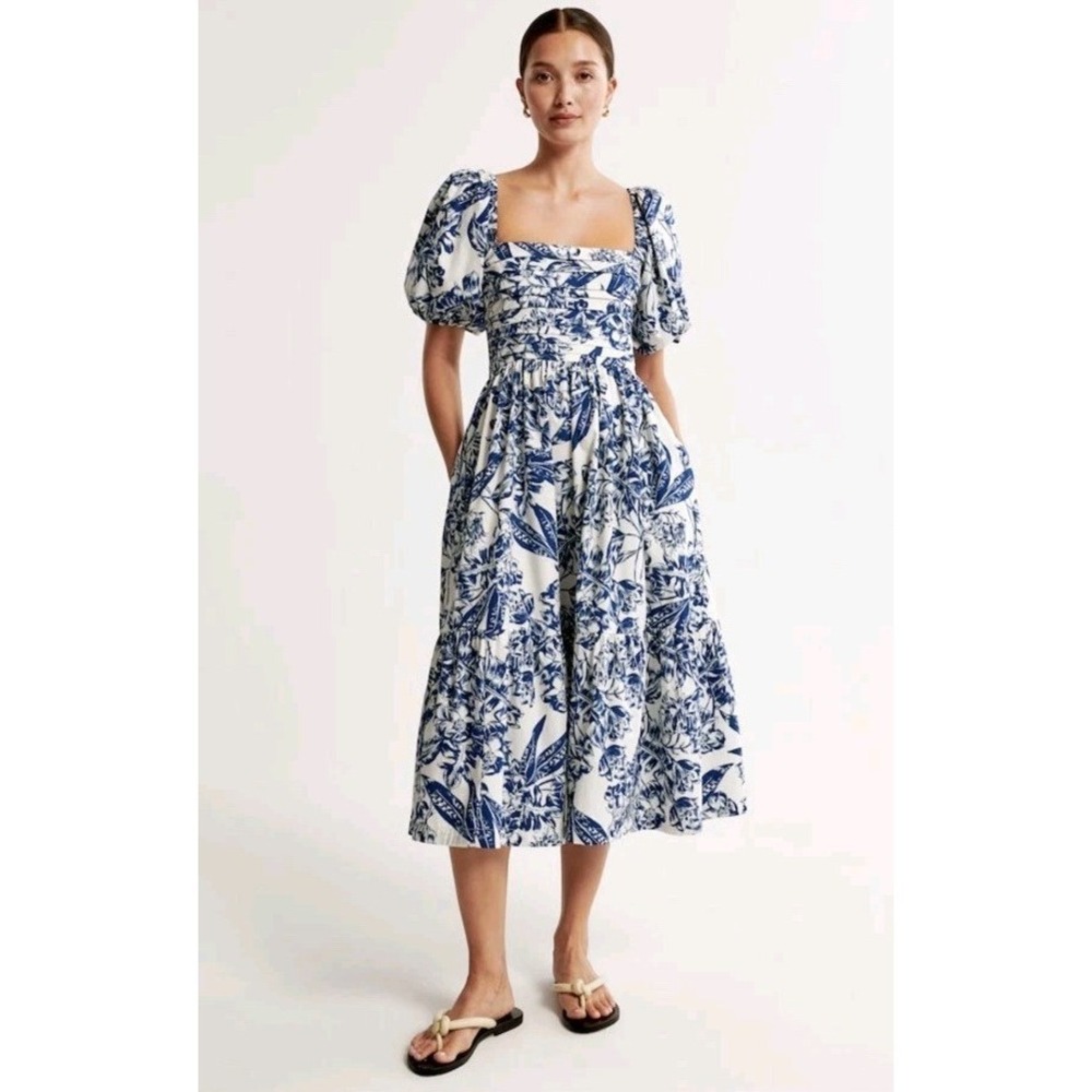 Abercrombie Fitch Emerson Poplin‎ Puff Sleeve Midi Dress Floral Blue Medium Tall